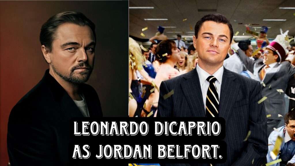 Leonardo DiCaprio's energetic portrayal of Jordan Belfort in The Wolf of Wall Street."
